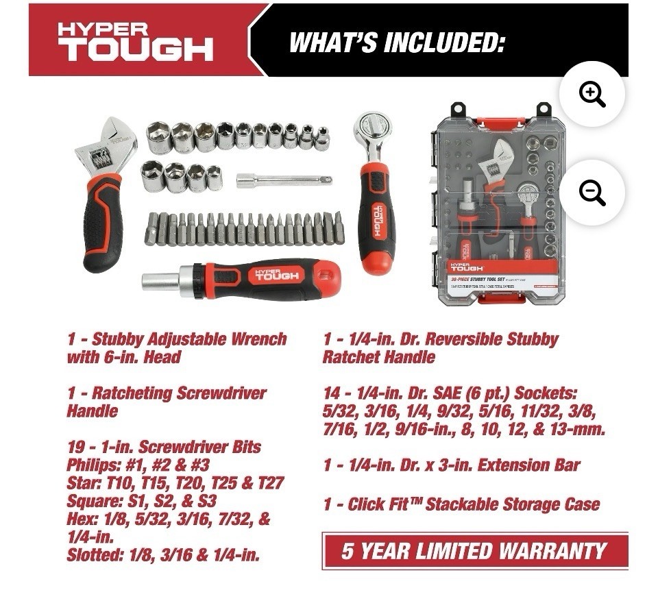 Toolset - 38 Piece Stubby Tool Set And Case - NEW Tools- Hyper Tough Tool Set