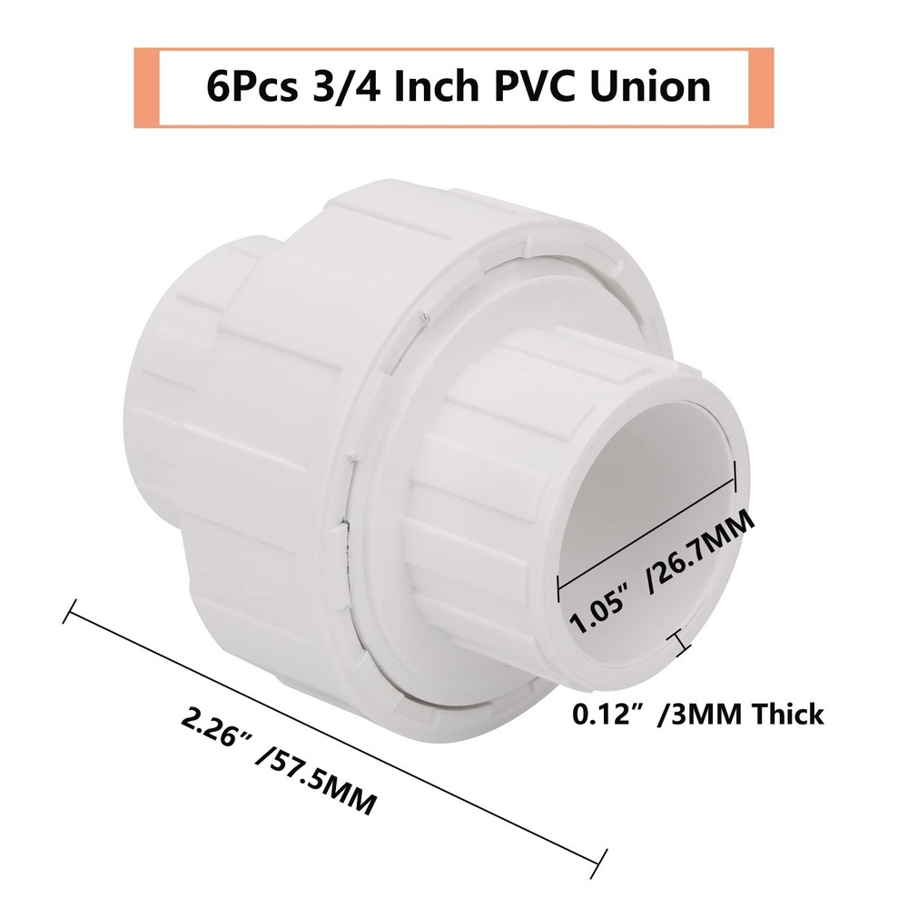 6Pcs 3/4" PVC Union Coupling Pipe Fitting (Socket x Socket) 3/4Inch, White