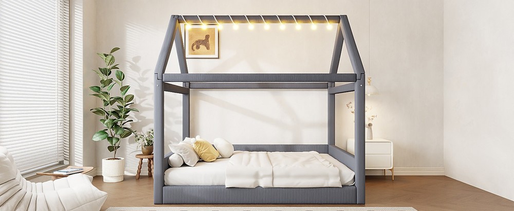 Full Size Upholstered House Daybed with LED Light Strips,Grey