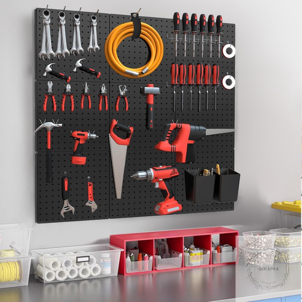 Peg Board, 4 Pack Metal Pegboard Kit,Black Pegboard Wall Organizer with 32 Pcs