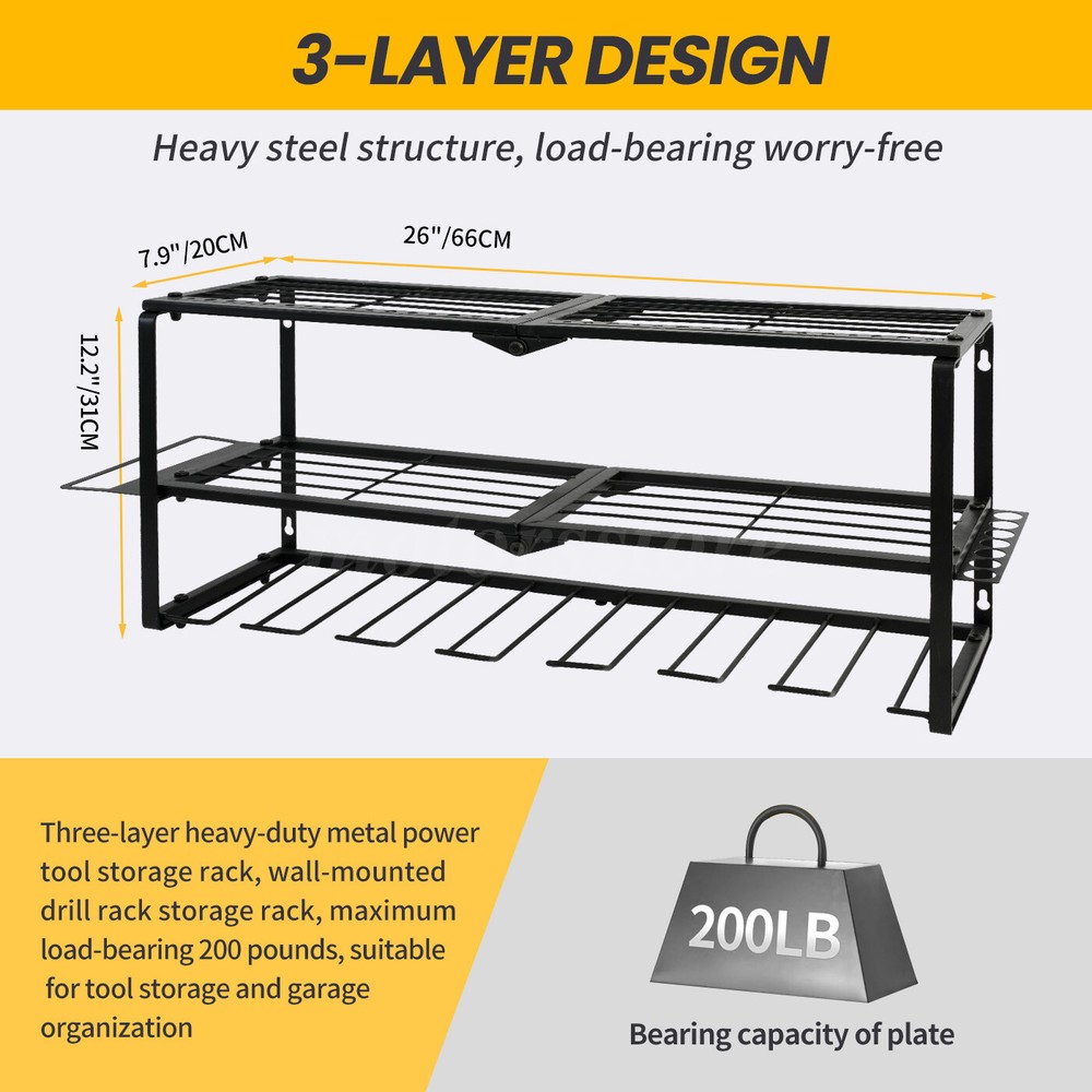Heavy Duty 26" Power Tool Organizer Drill 3-Layer Holder Wall Mount Storage Rack