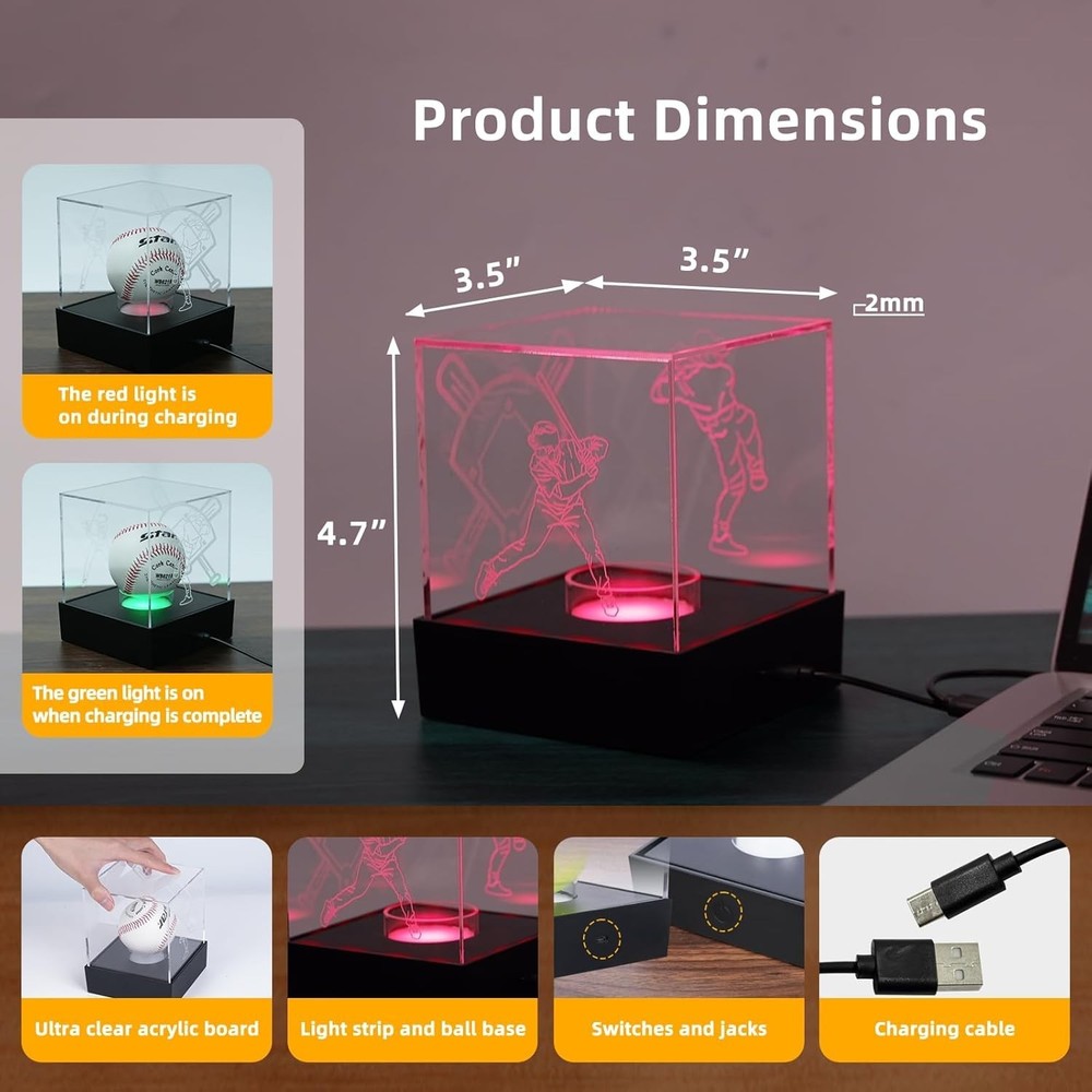 Baseball Display Case with LED Light Baseball Holder Display Case with Engraving