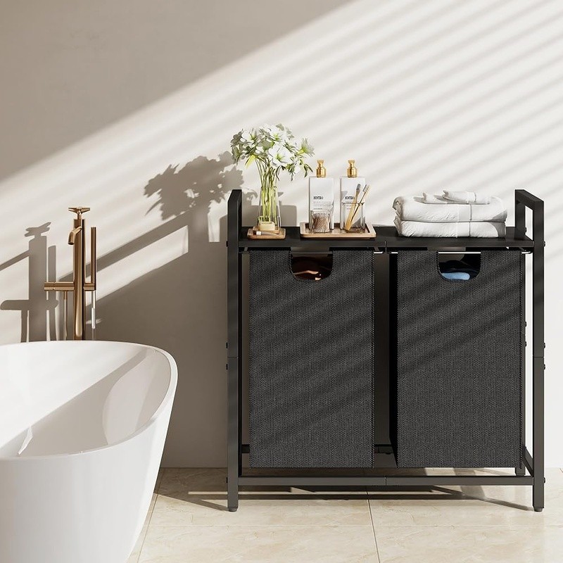 Dual Compartment Laundry Hamper W/ Pull Out Bags & Storage Shelf Organizer New
