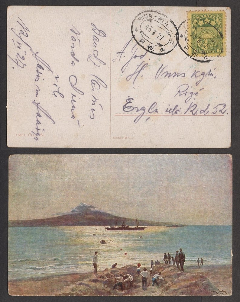 1920 Latvia Stamp on Postcard – Railroad Postmark, Riga