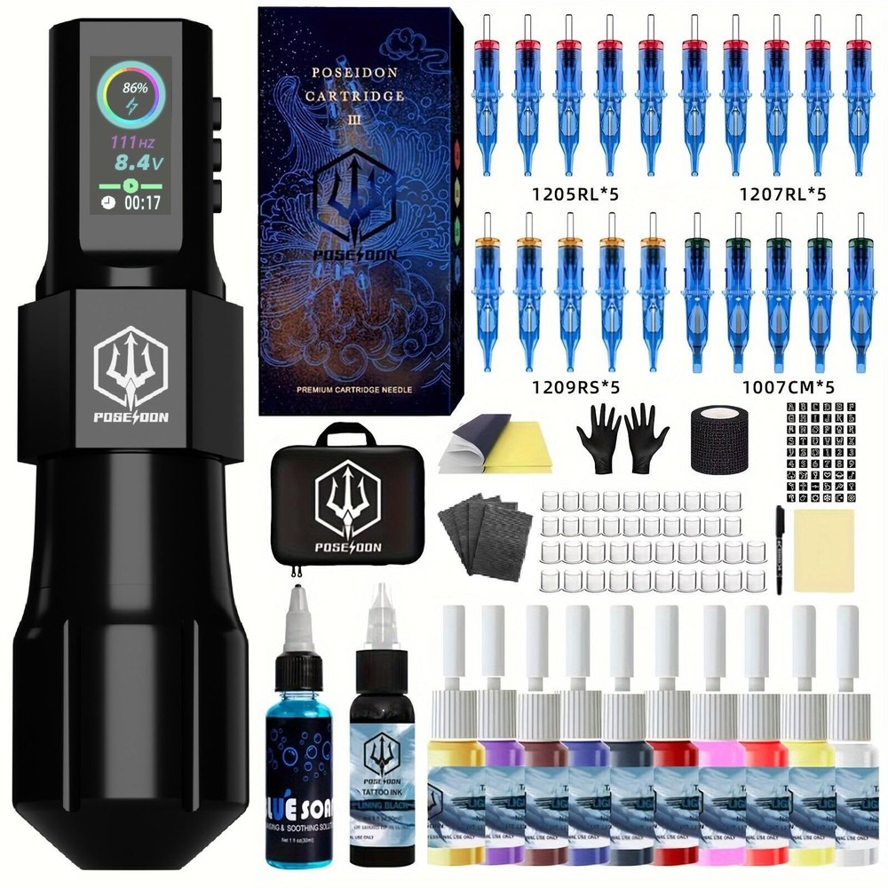 COMPLETE TATTOO KIT POSEIDON WIRELESS PEN MACHINE NEEDLES INKS