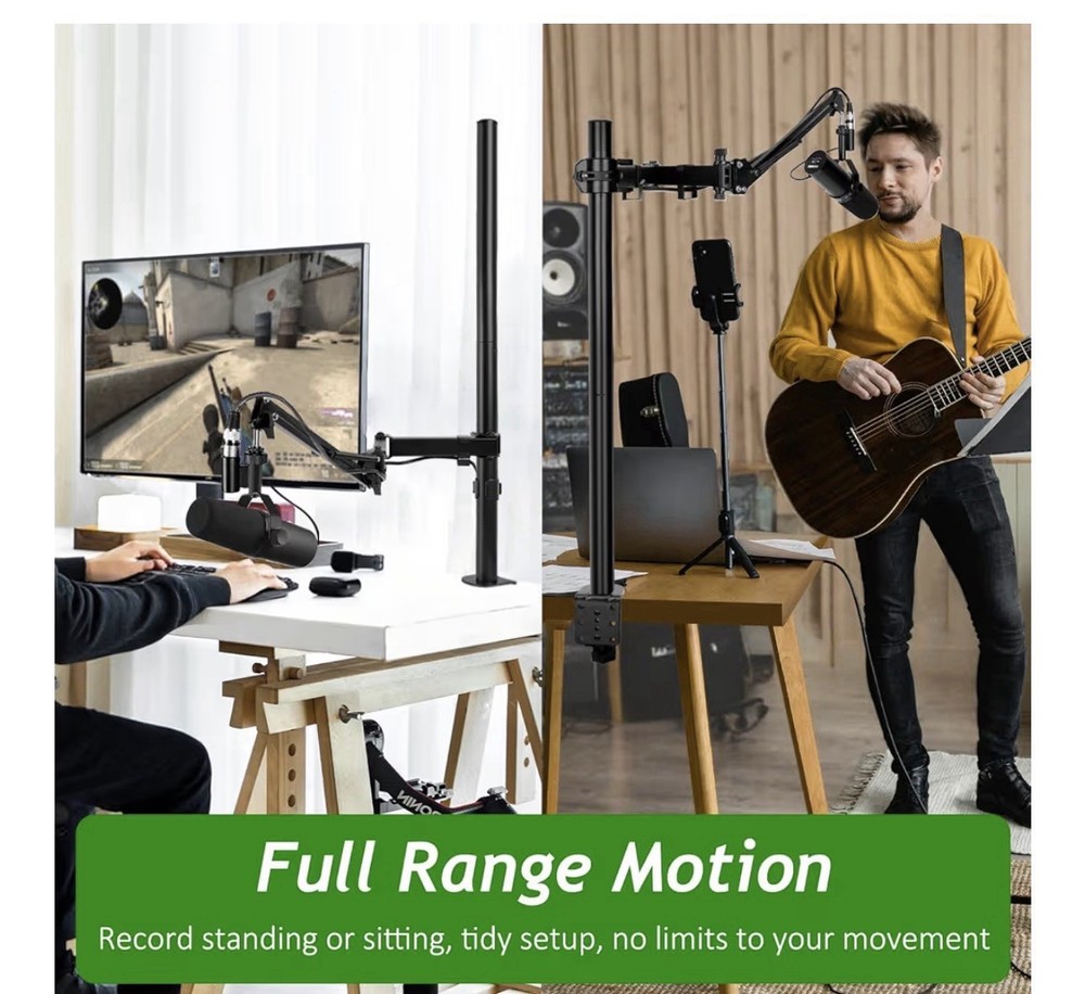 Mic Boom Arm, Adjustable Height Overhead Microphone Stand with Heightened Ext...