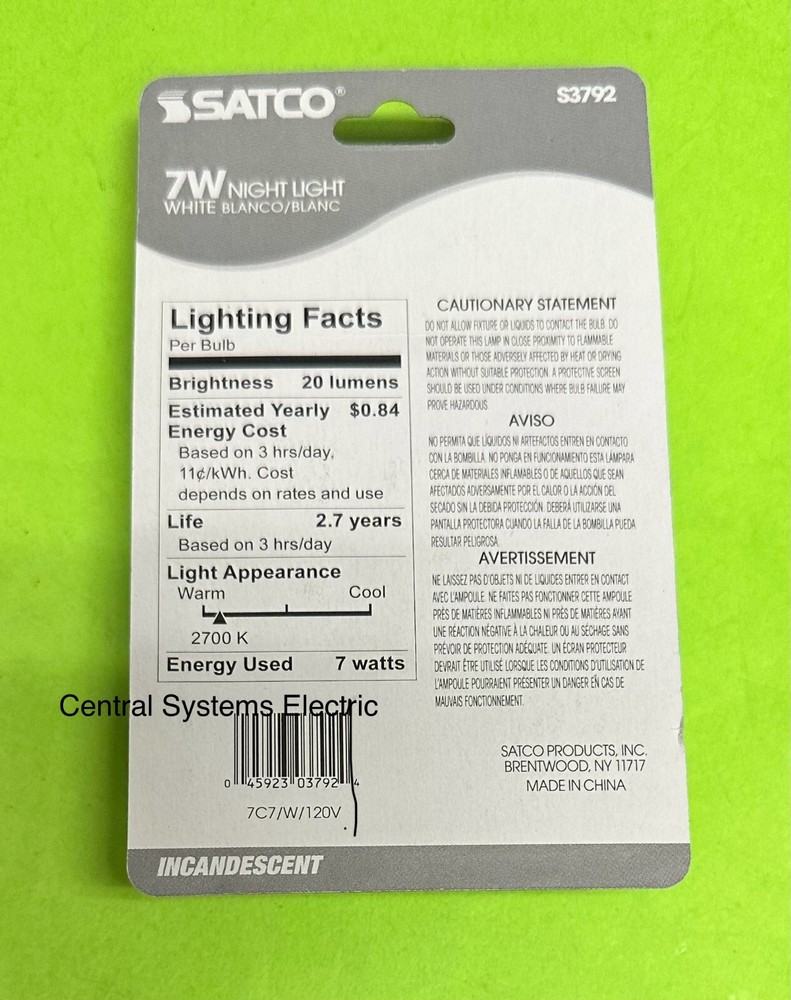 SATCO S3792 2-Pack 7W White C7 7 Watt Night Light Bulb E12 Base Incandescnt