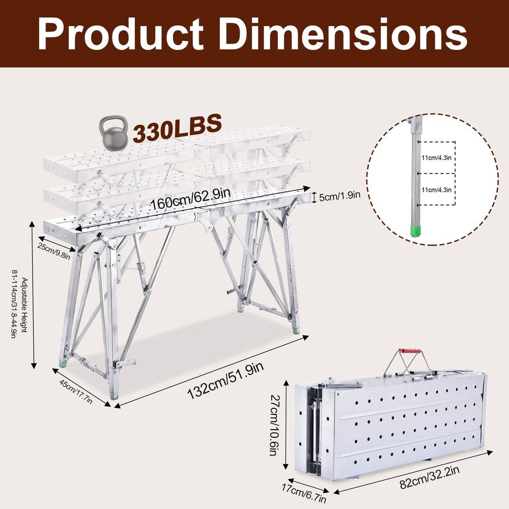 Scaffold Work Platforms Height adjustable 81-114cm Rustproof Work Bench Metal