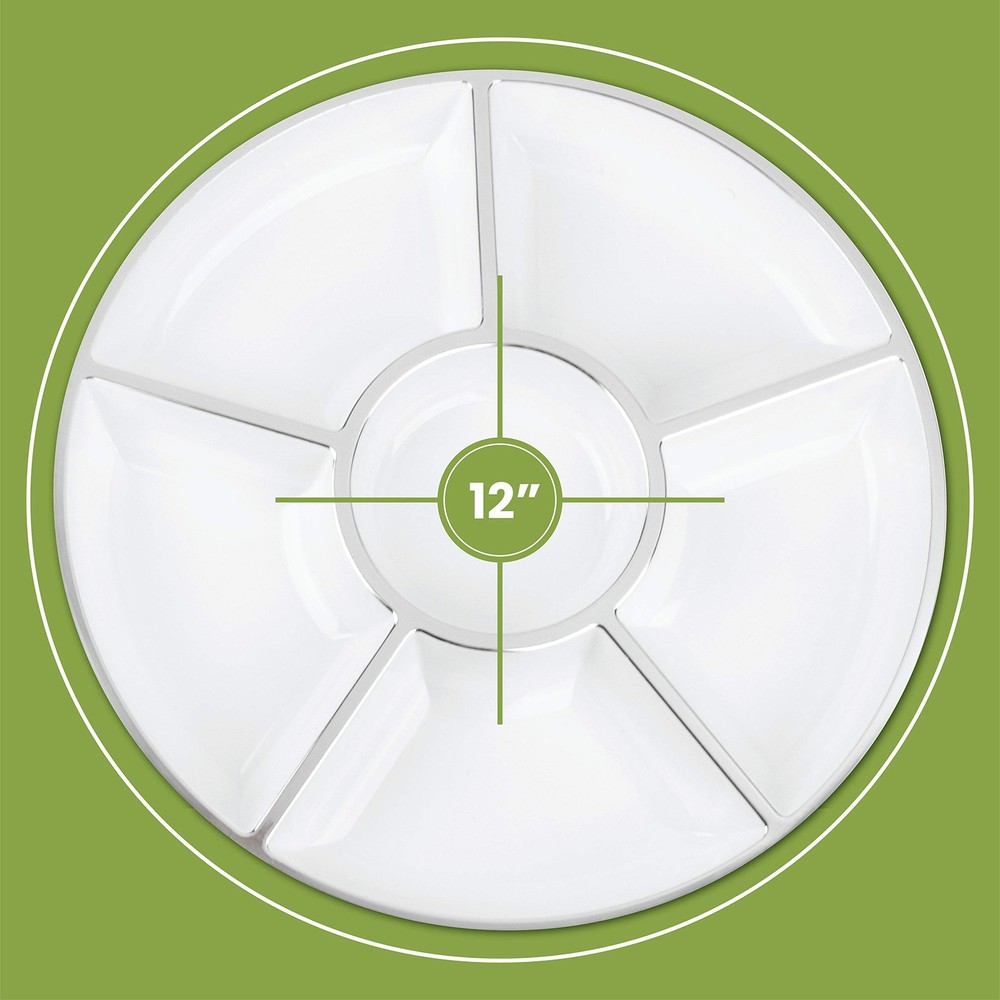 Plasticpro 6-Section Round Plastic Serving Tray Platter White/Silver (2 Pack)