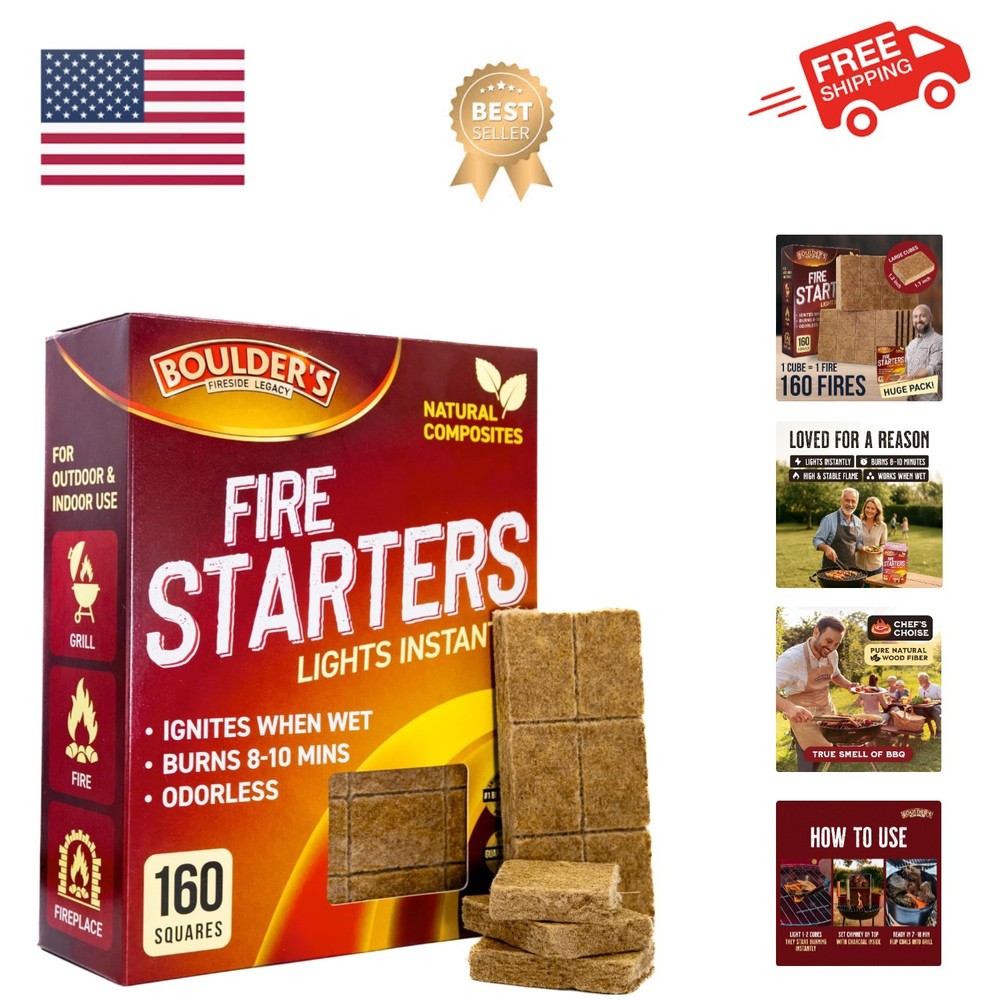 Fire Starter Cubes, 160 pcs - Bulk Pack - Firestarter Squares for Fireplace, ...