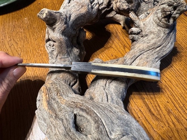 Big Damascus folding blade knife w/ white bone handle