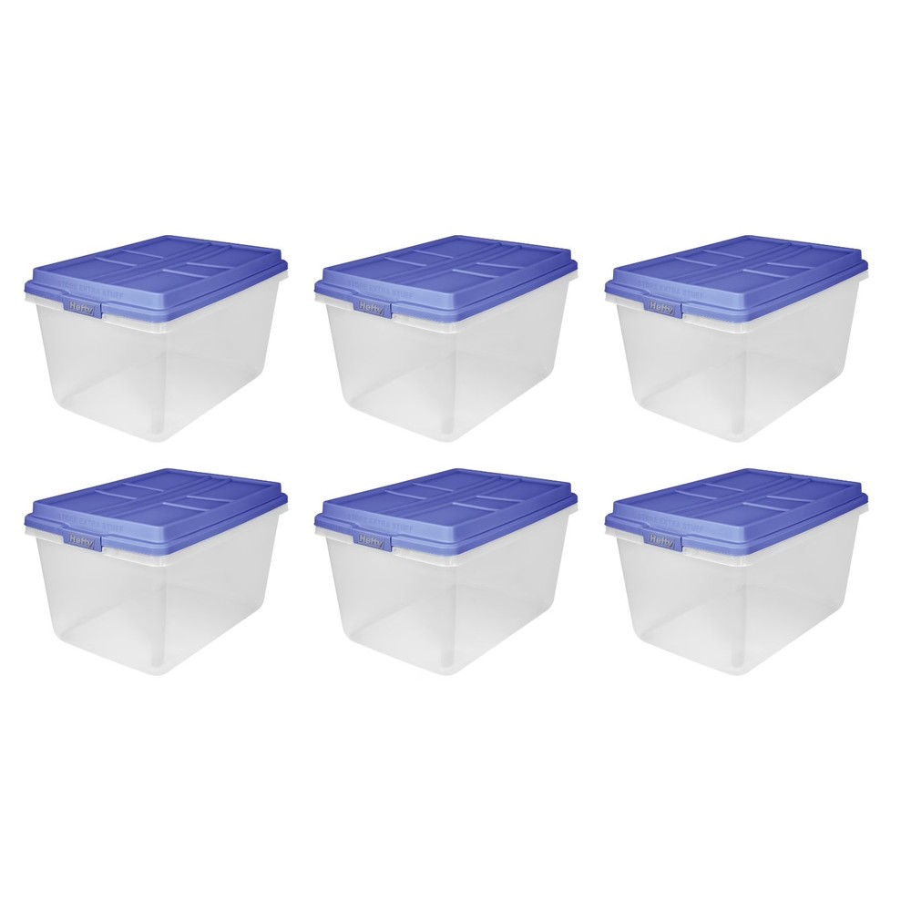 Hefty 72 Qt Clear Plastic Storage Bin Blue HI-RISE Lid 6-Pack