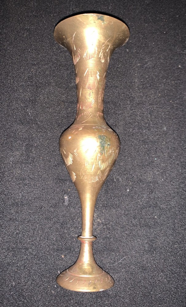 Vintage Solid Brass Small Vase 6 Inch - Etched
