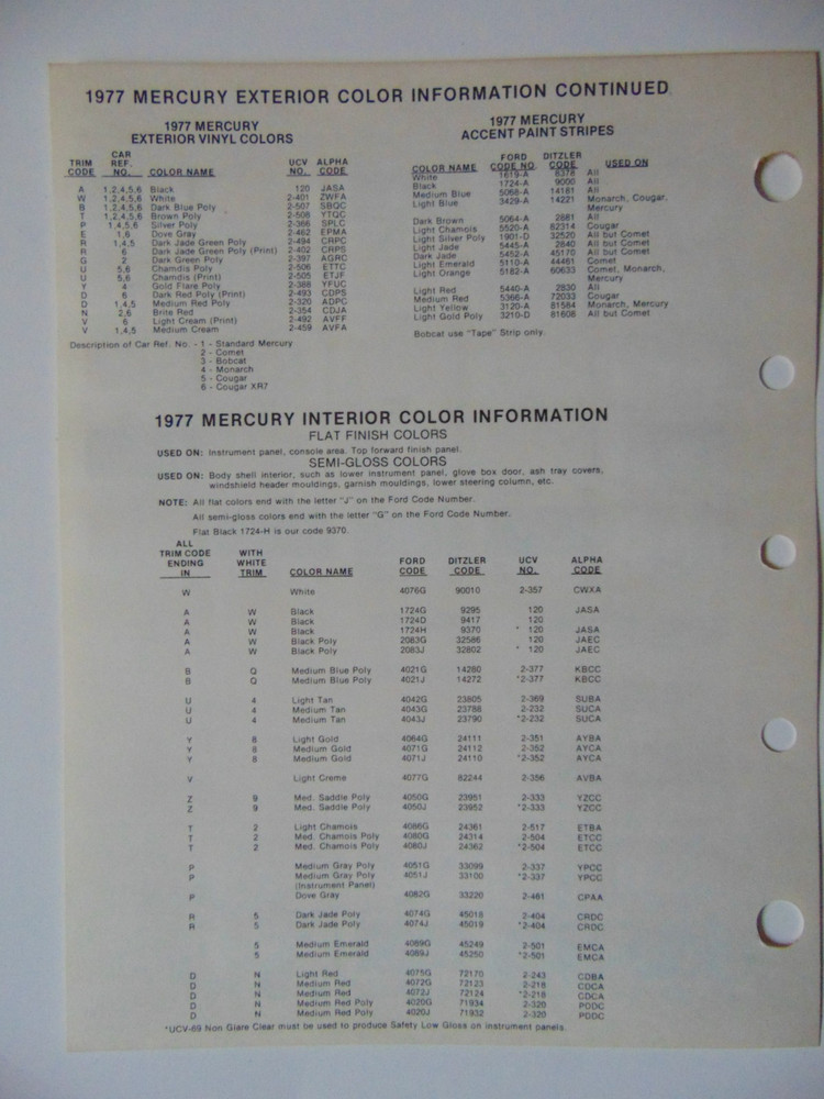 Original 1977 Ditzler Mercury Paint Chips Sheet - Cougar,Capri,Monarch,Comet
