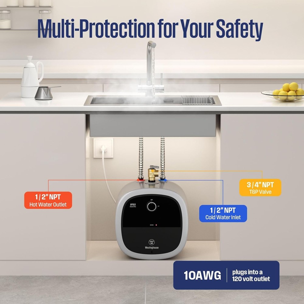 2.5 Gal Electric Mini-Tank Water Heater 120V, 1440W Under Sink For Kitchen Sink