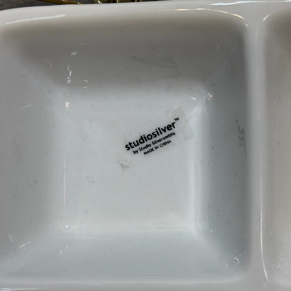 STUDIOSILVER Vintage Divided Ceramic Appetizer Dish Silver Metal Holder