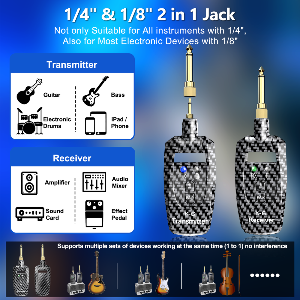2.4GHz Wireless Guitar System Transmitter Receiver Multiple Channel Rechargeable