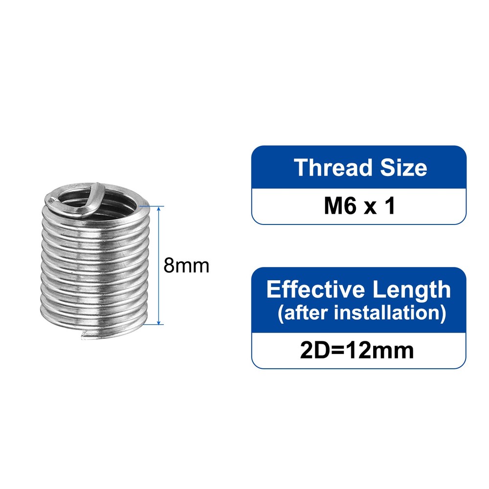 20pcs M6 x 1mm x 2D 304 Stainless Steel Wire Thread Inserts
