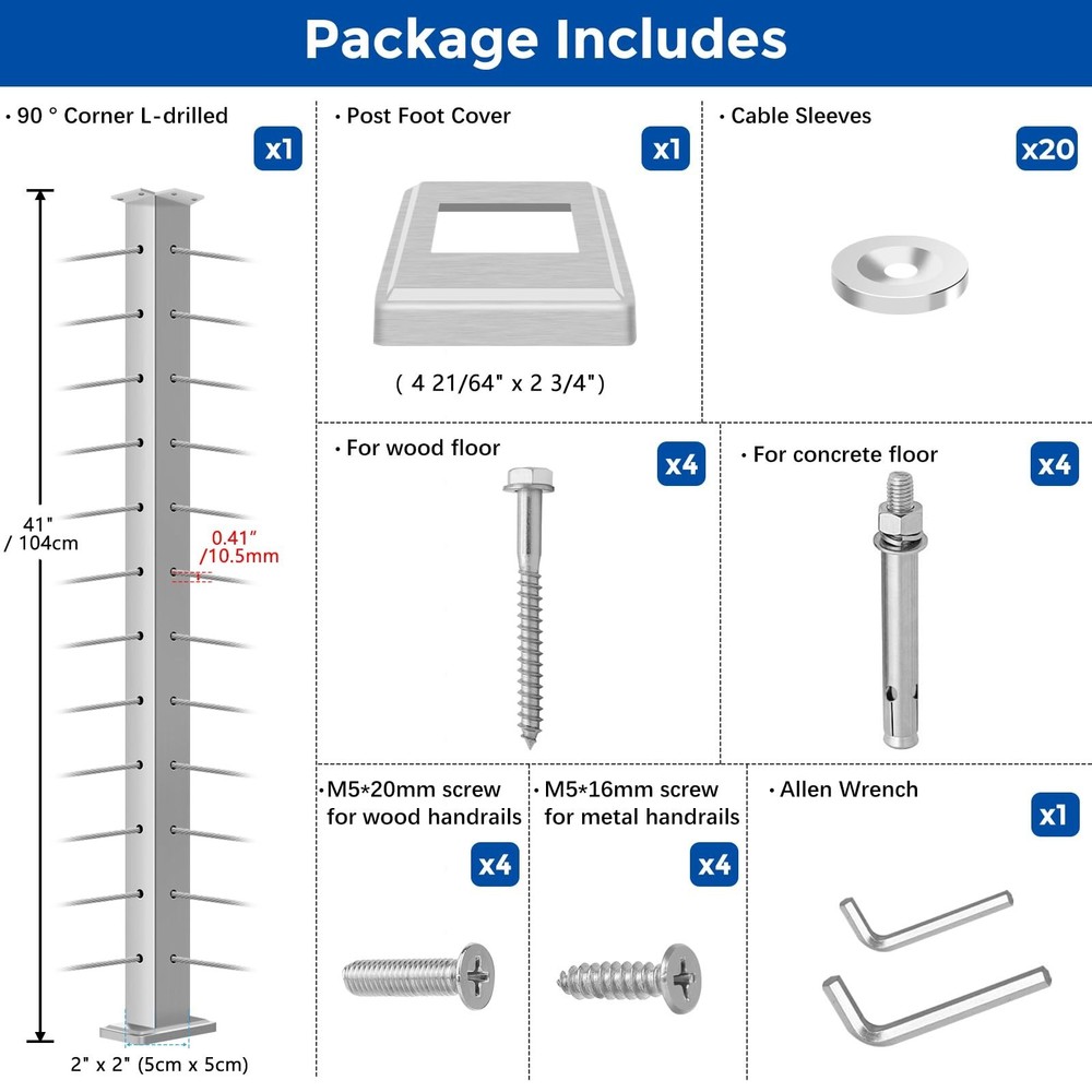 42" Brushed Corner Post for Deck Cable Railing Kit System, Stainless Steel T3...