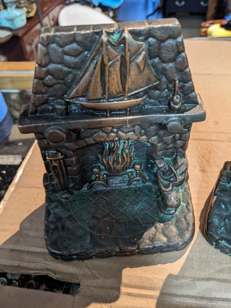 2 Solid Red Brass Bookends Rustic Blazing Fireplace With Ship On Mantel 9lb+