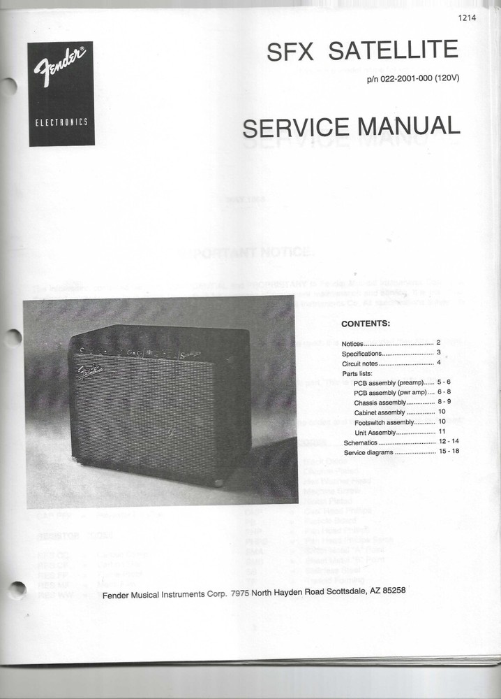 Fender SFX Satellite Amplifier Service Manual