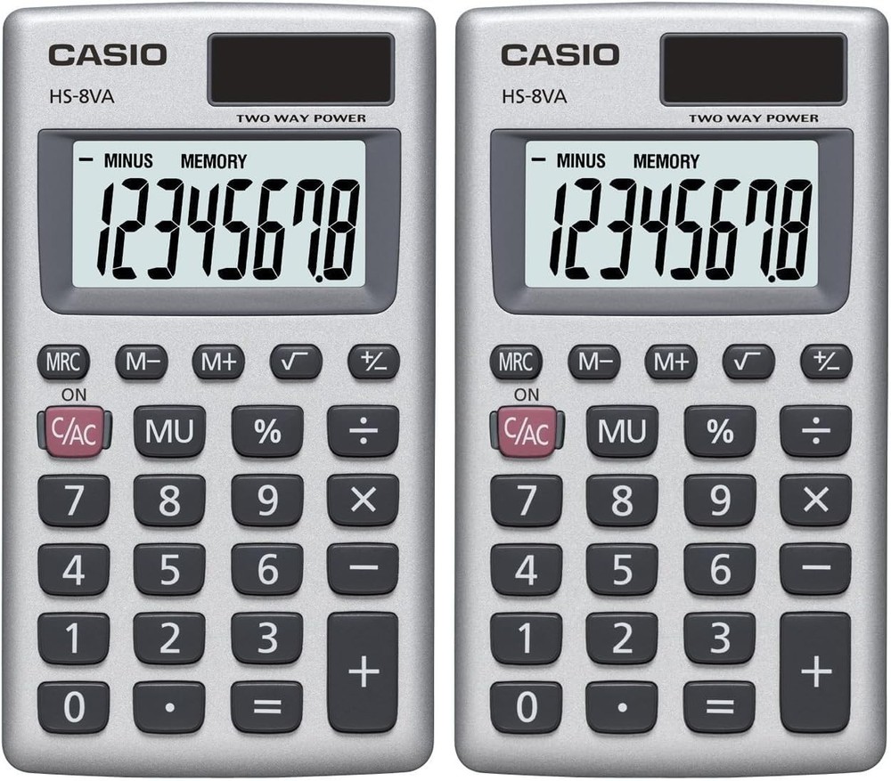 Casio HS8VA Standard Function Pocket Size Basic 8 Digit Calculator Pack of 2