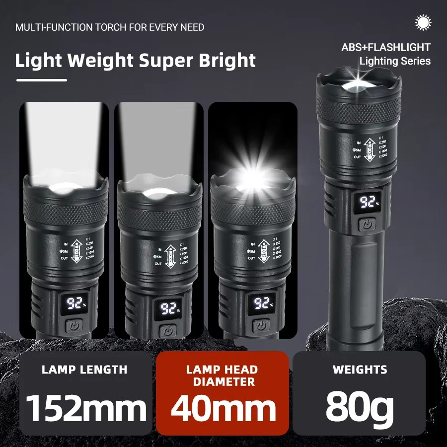 High Strong Power Led Flashlights 2000LM Tactical Torch with Display Light USB C