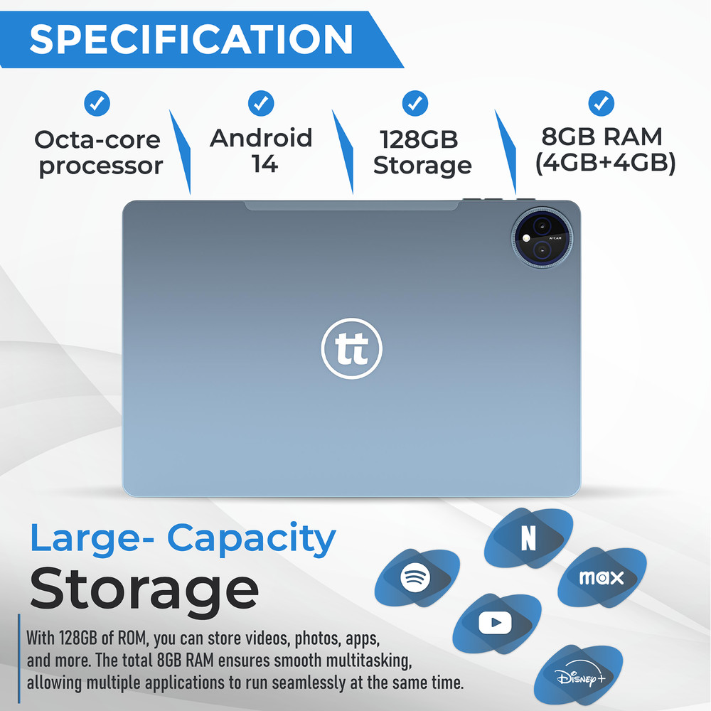 tabtoday 11 inch Tablet, Android 14, Octa-Core Processor 128GB ROM, WiFi - Blue
