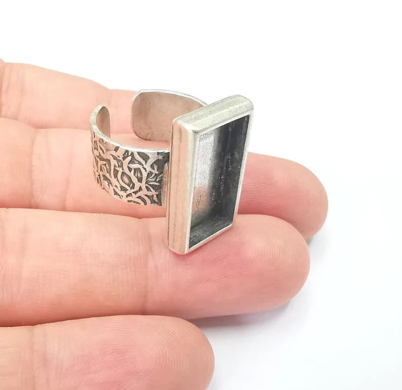 Rectangle Ring Blank Base Bezel Setting Antique Silver Adjustable 20x10mm G28600