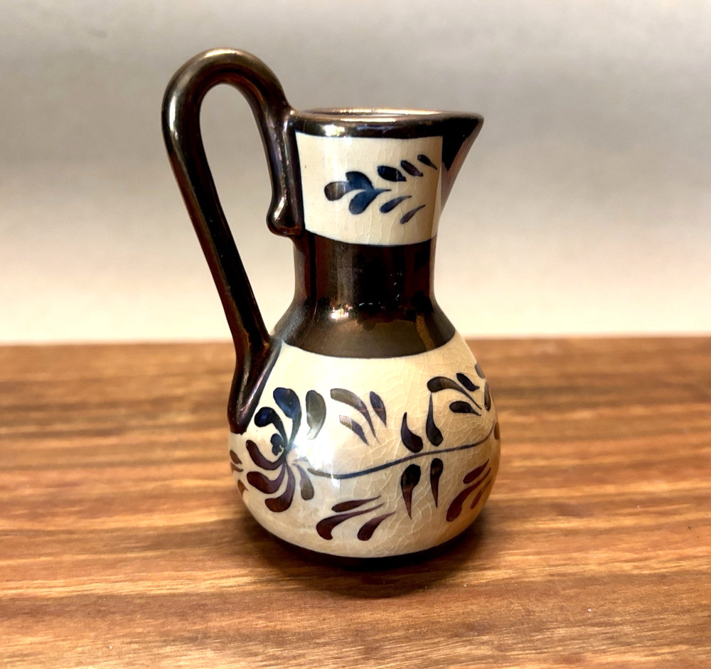 Miniature Lusterware Creamer Metallic Copper Glazed Band England Leaf Pattern