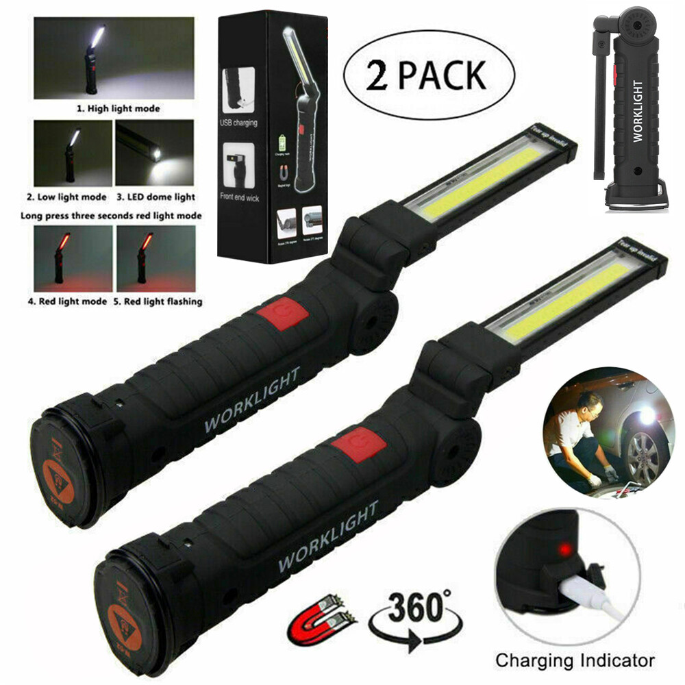 2x USB Rechargeable COB LED Work Light Magnetic Flashlight Hand Lamp Inspection