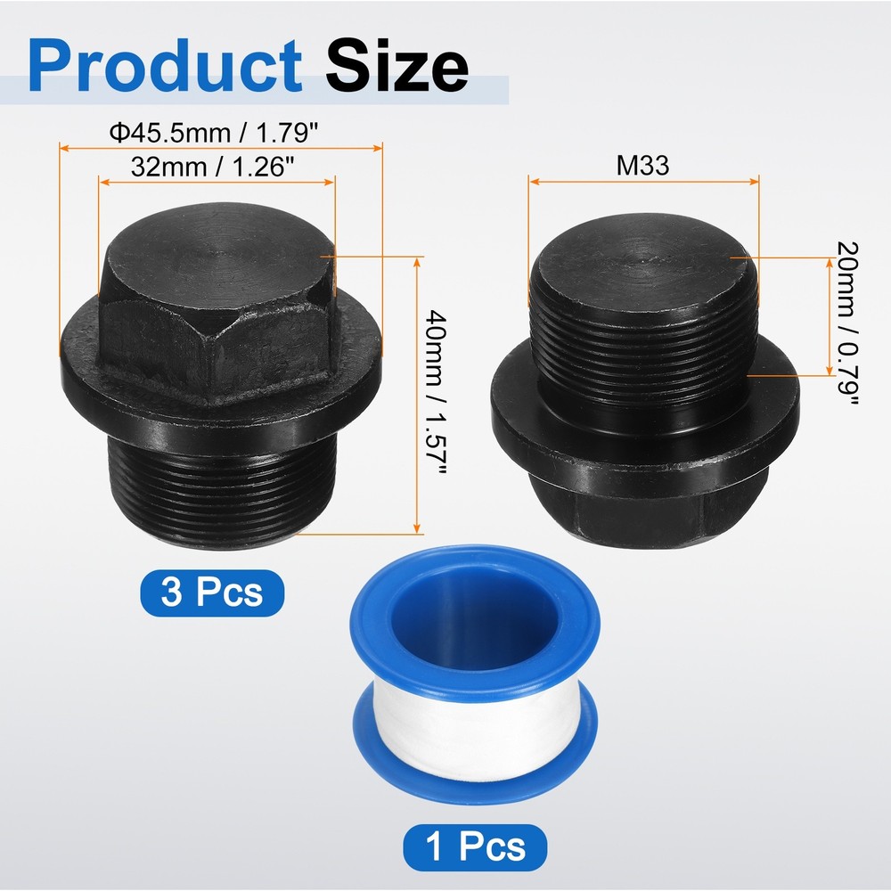 3Pcs M33x1.5 Carbon Steel Male Thread Outer Hex Pipe Plug Fitting Socket