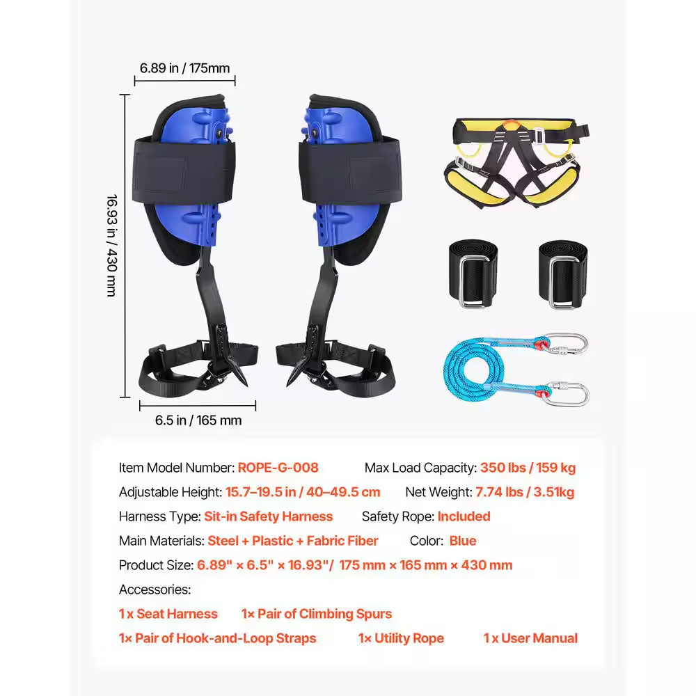Tree Climbing Spikes Set, Adjustable Steel Gear with Straps & Harness, 350 Lbs.
