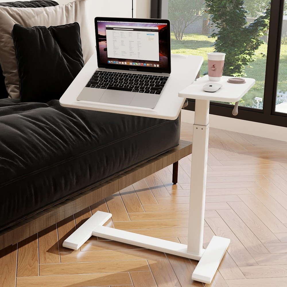 PUNCIA Height Adjustable Overbed Table with Pneumatic Lift Rectangular, White