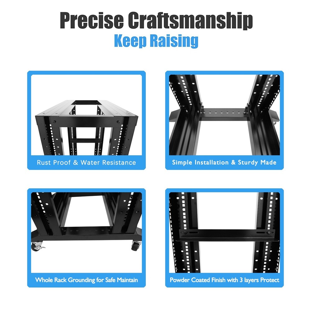 27U 4 Post 19" Open Frame Rack 24" install Deep W/ 3 L-Rails and 1 Rack Shelf