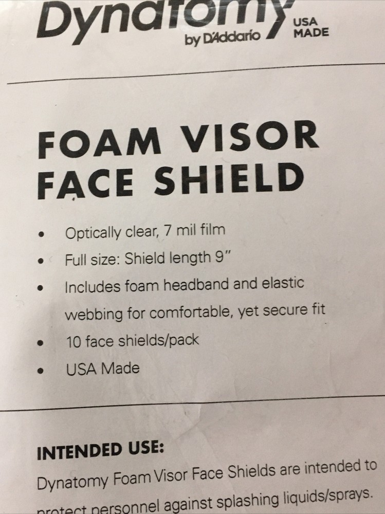 10-pack Single-Use Foam Visor Face Shields, Dynatomy