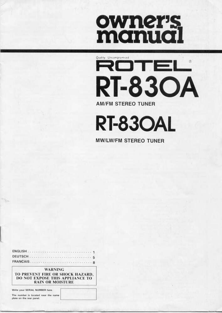 Rotel RT-830A Tuner Owners Manual