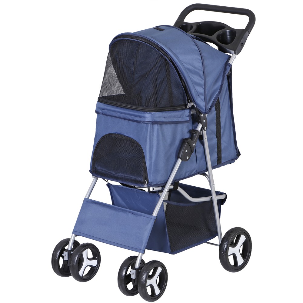 4-Wheels Folding Dog Stroller Pet Stroller for Medium Dogs Cat Stroller Blue