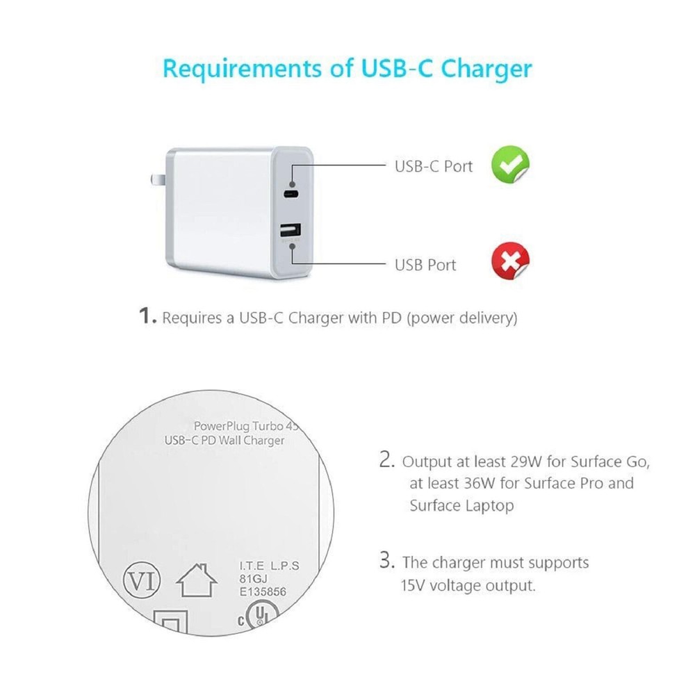 20cmFast Charging USB Type-C Power Supply For Microsoft Surface Pro 4 5 6 Go d