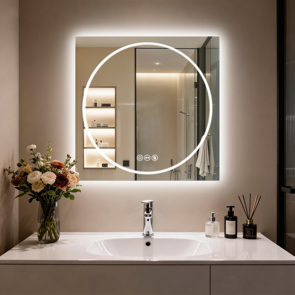 28/32/36'' LED Bathroom Mirror Front-lit and Backlight Square Wall Vanity Mirror