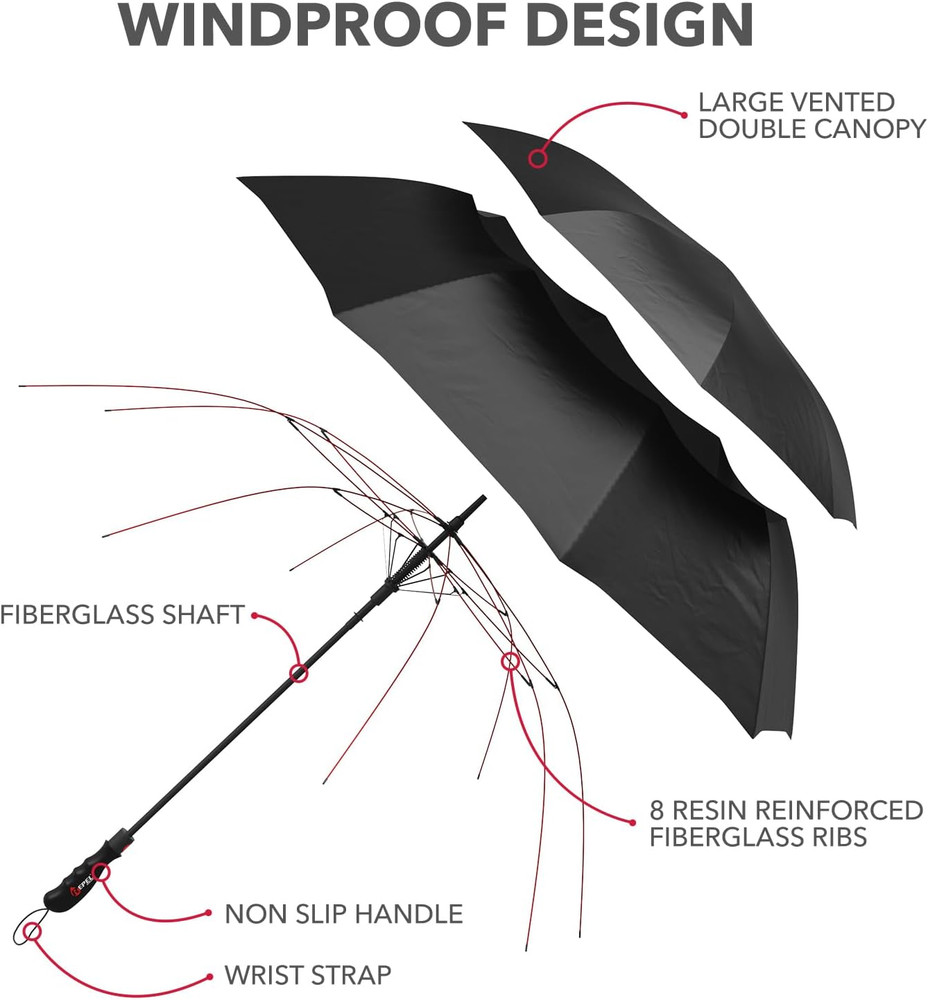 Extra Large Windproof Golf Umbrella - 60" Wide Vented Double Canopy