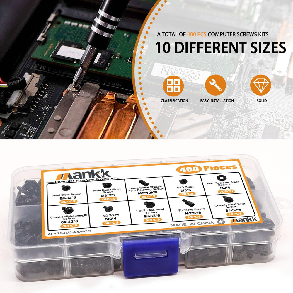 400Pcs PC Computer Screws Kit Motherboard Standoffs Case Fan SSD CD-ROM Set
