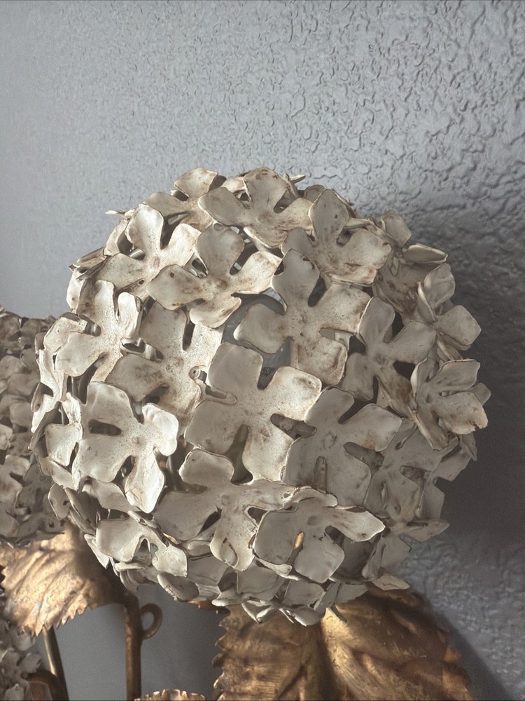 1950s Hydrangea Wall Light gilded brass with white enamel hydrangeas