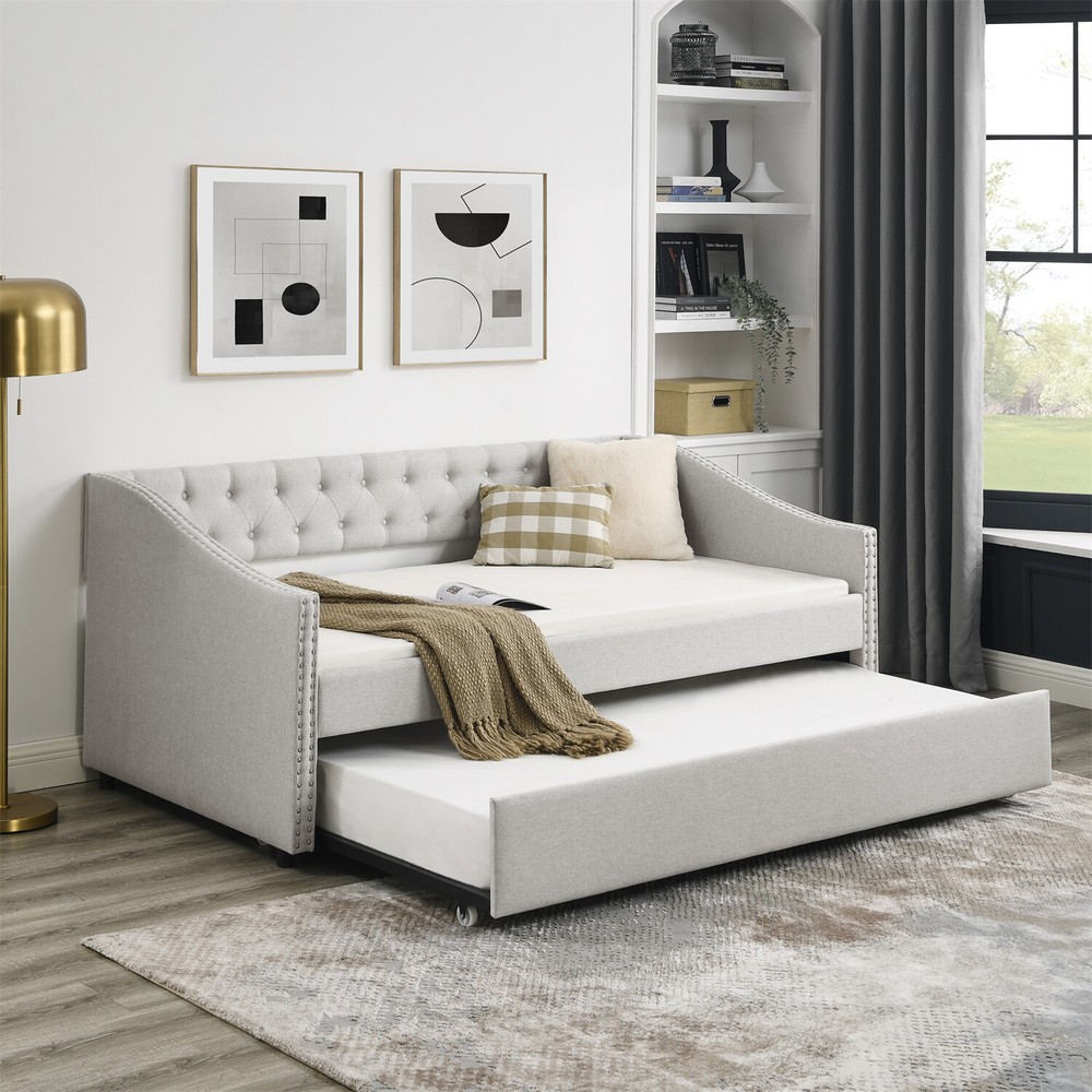 Twin/Full Size Daybed w/ Pull Out Trundle Bed Upholstered Bed Frame Sofa Bed