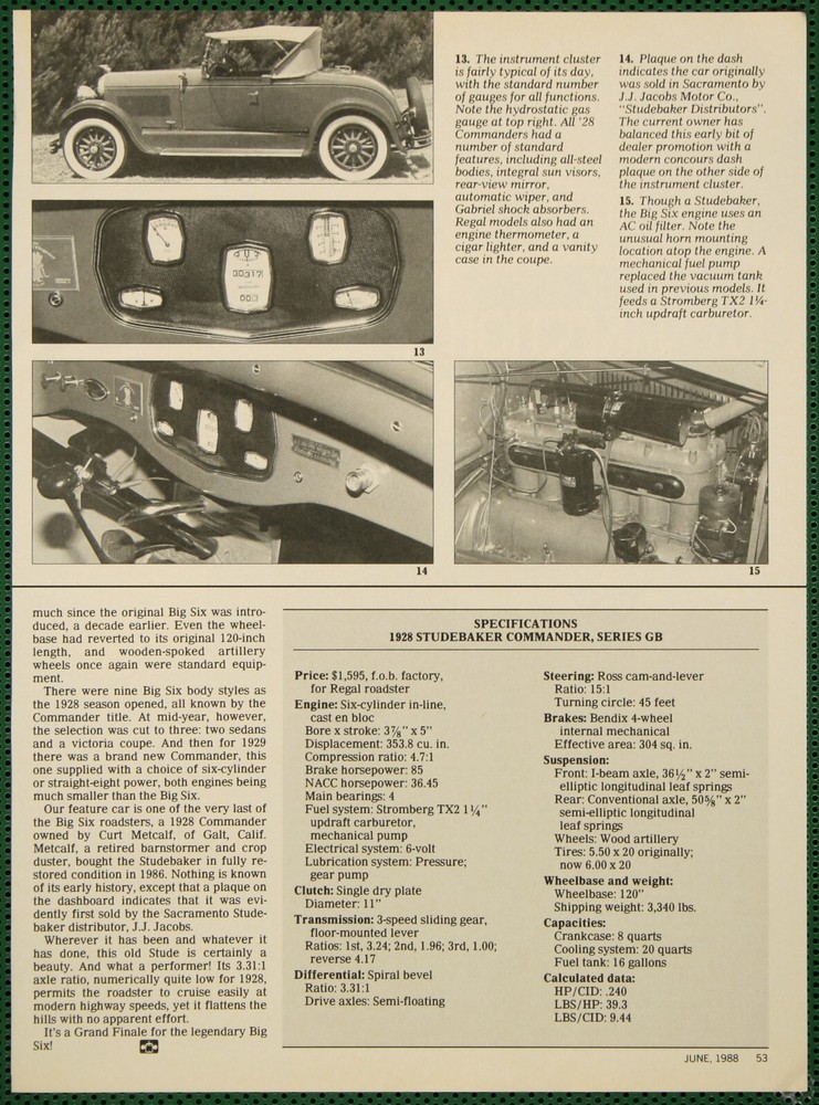 Studebaker 1928 Commander Design Features Specs Vintage Pictorial Article 1988