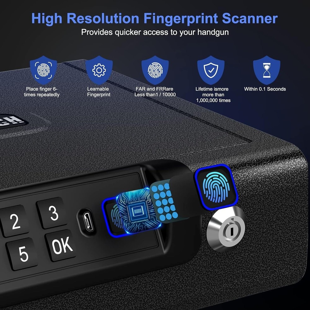 Secure 2-Pistol Biometric Handgun Safe - Compact, USB Rechargeable Lock Box