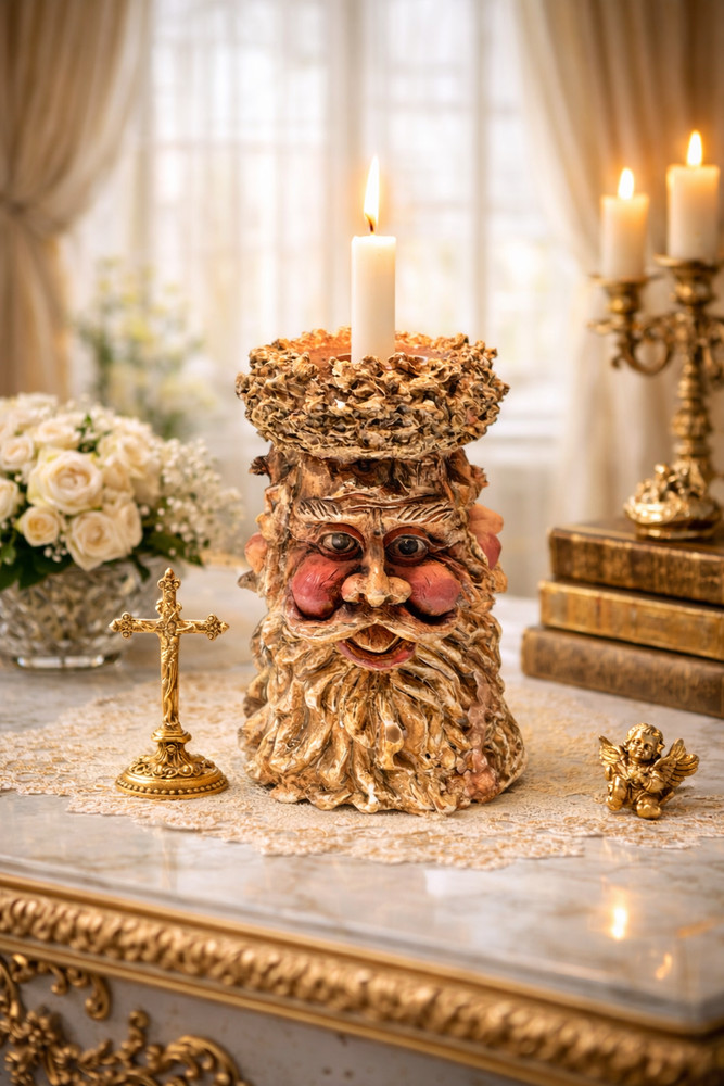 Three-Faced Candle Holder Past Present Future Sculptural Decor