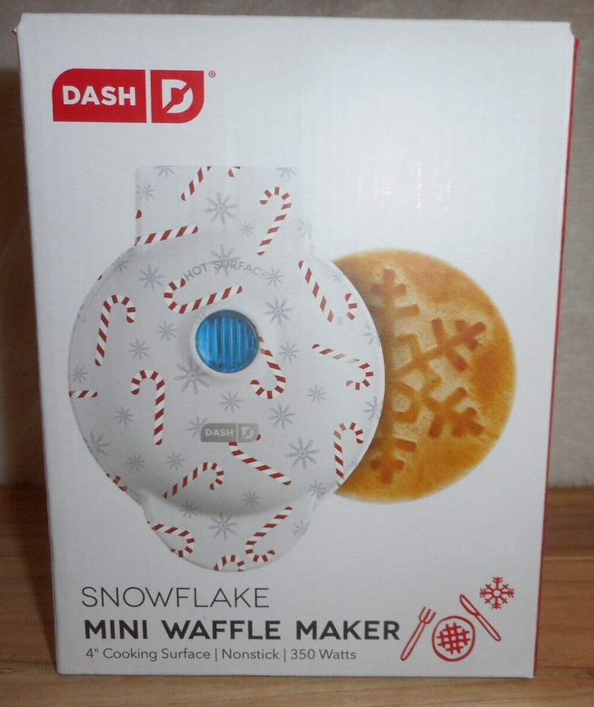 DASH WHITE CANDY CANE 4" MINI SNOWFLAKE SHAPE WAFFLE MAKER COMPACT NEW