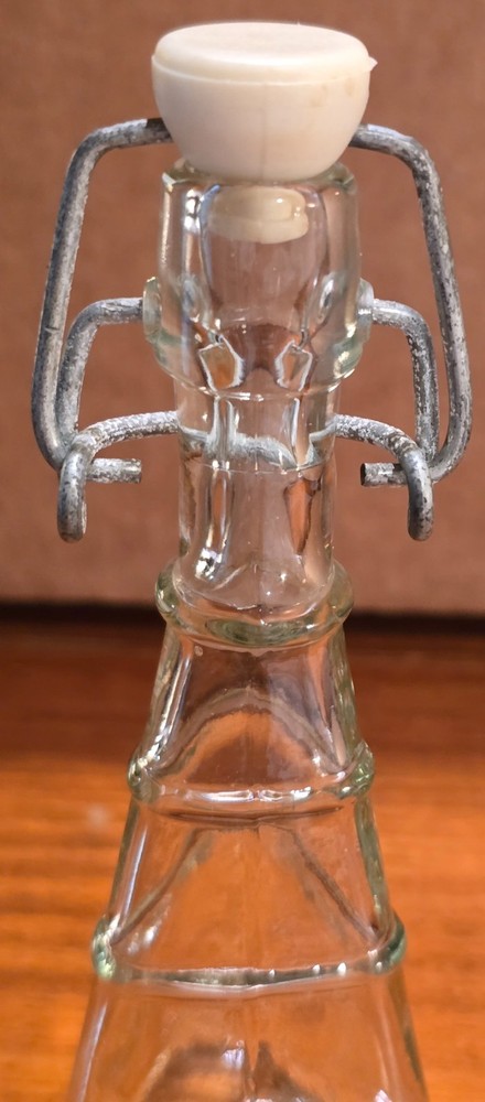 Vintage unusual glass, triangular bottle w/bail & stopper closure