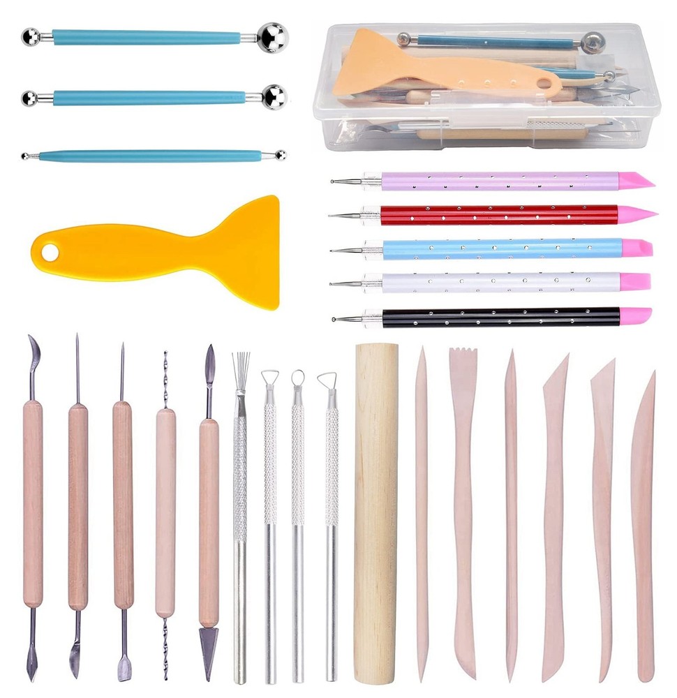 Polymer Clay Tools,25Pcs Pottery Sculpting Tools Set with Plastic Case for Ce...